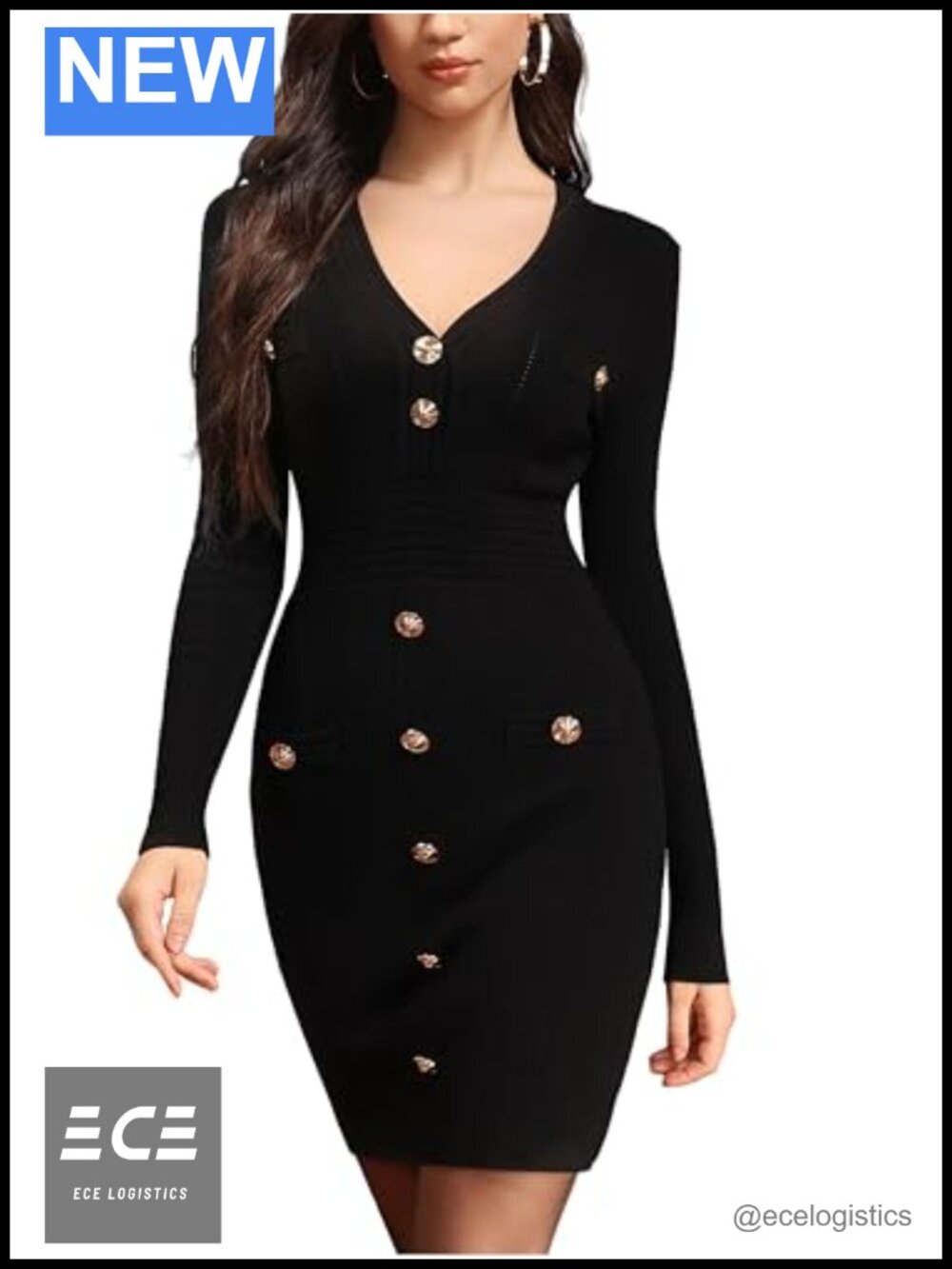Womens Sweater Knit Bodycon Dress V Neck Long Sleeve Midi Casual